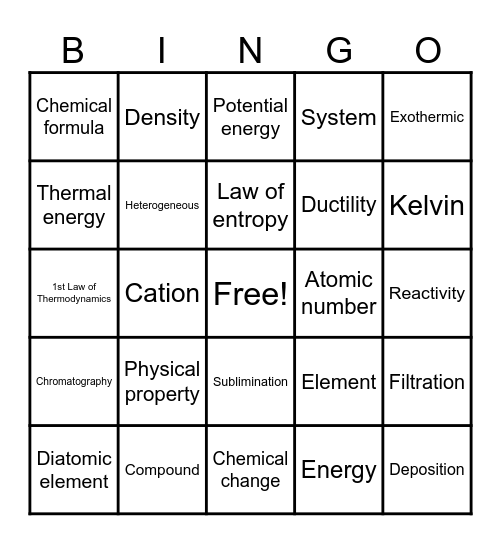 Chemistry Bingo/ Matter Bingo Card