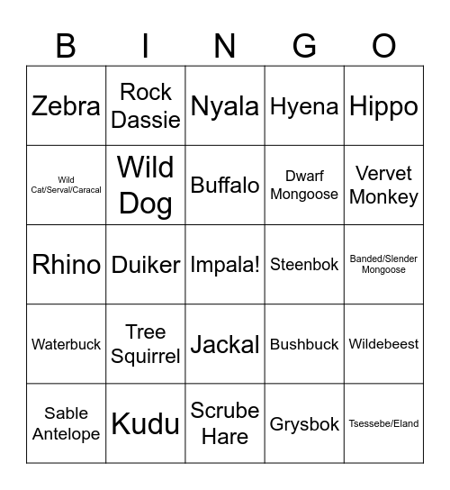 Kruger Bingo Card