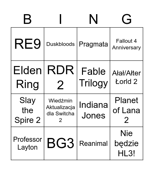 Nintendo Direct Bingo Card