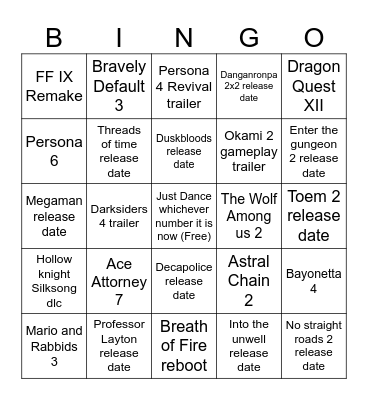 Andy Nintendo Partner Predictions 2/5/26 Bingo Card