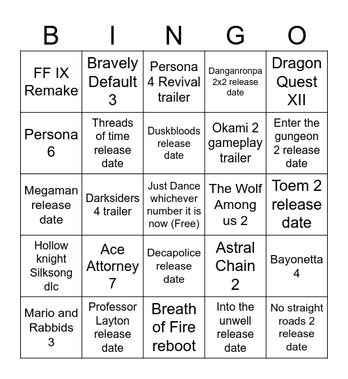 Andy Nintendo Partner Predictions 2/5/26 Bingo Card