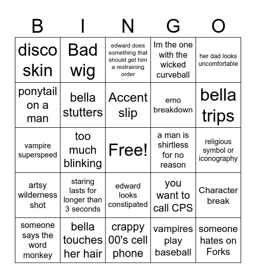 Twilight Drinking Game Bingo Card