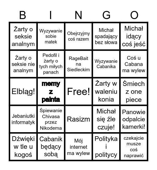 Bingo Spierdolenie umysłowe i nie tylko. Bingo Card