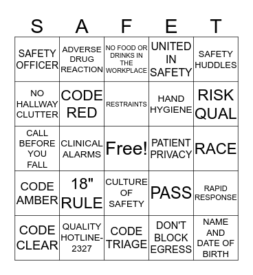 S A F E "T" Bingo Card