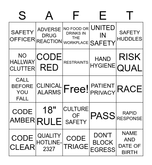 S A F E "T" Bingo Card