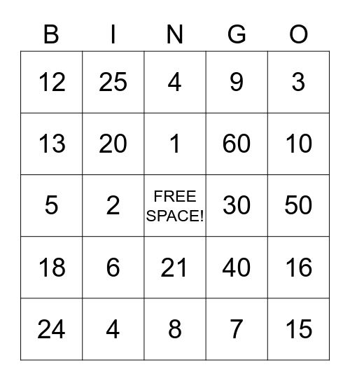 Multiplication Bingo Card