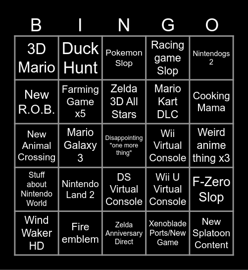 2026 Nintendo Direct Bingo Card