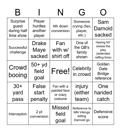 Super Bowl Bingo Card
