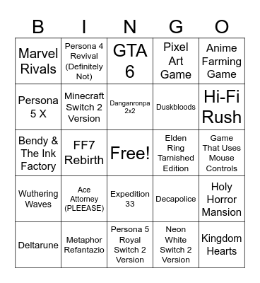 Nintendo Direct Bingo Card