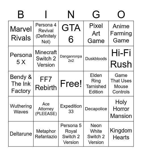 Nintendo Direct Bingo Card