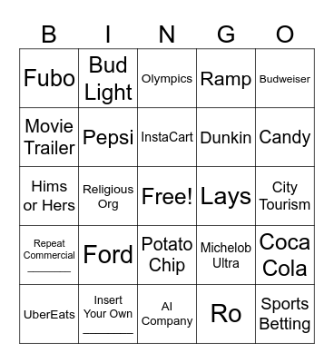 Super Bowl Commercials Bingo Card
