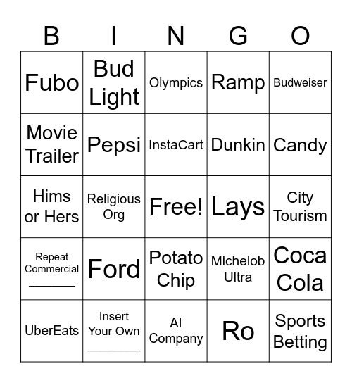Super Bowl Commercials Bingo Card