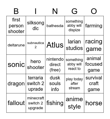 nintendo direct Bingo Card