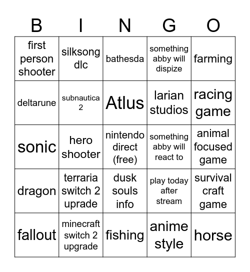 nintendo direct Bingo Card
