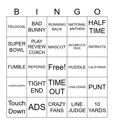 Super Bowl VX Bingo Card