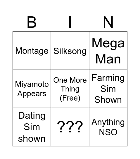 Nintendo Direct Partner Showcase BINGO 2026 Bingo Card