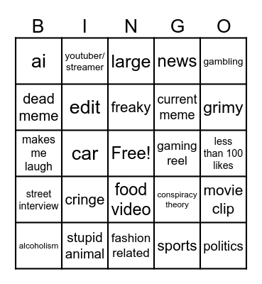 Instagram reel bingo Card
