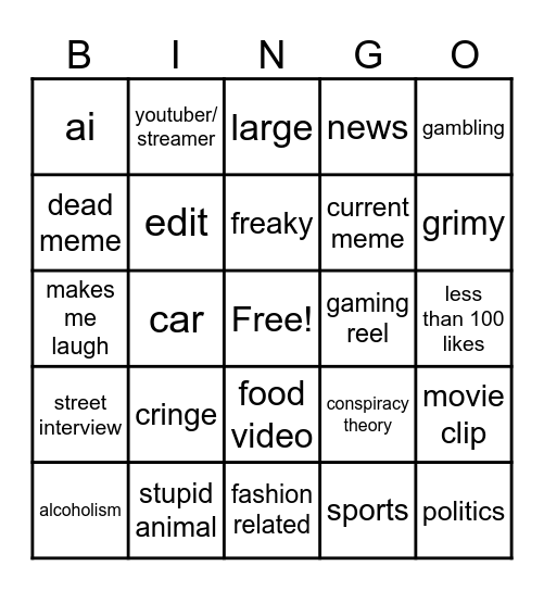 Instagram reel bingo Card