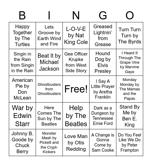 music bingo Card