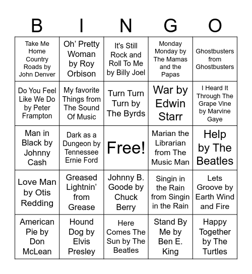 music bingo Card