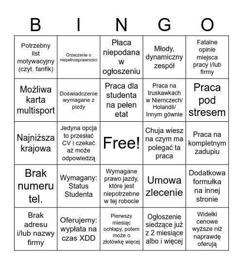 OLX Praca Bingo Card