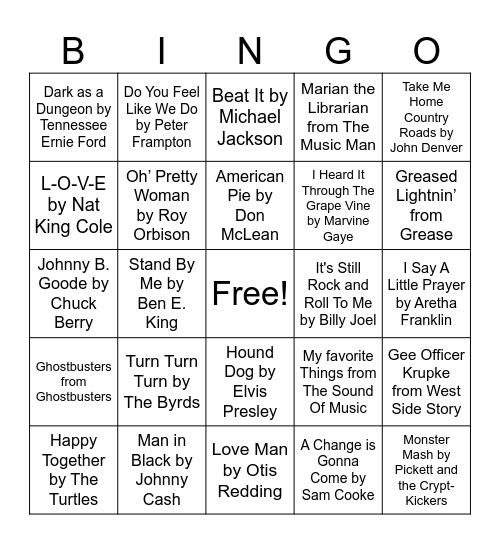 music bingo Card