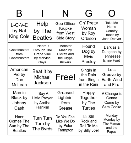 music bingo Card