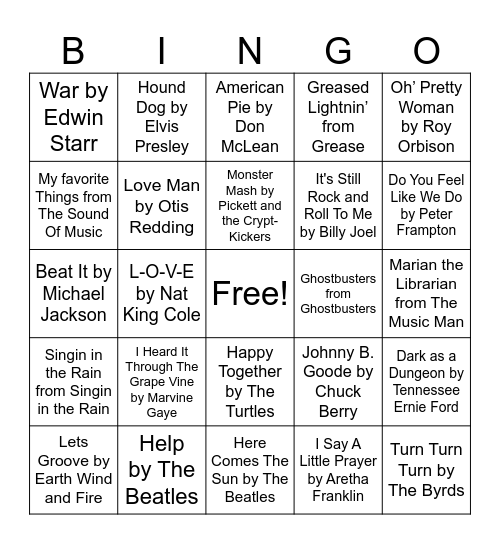 music bingo Card