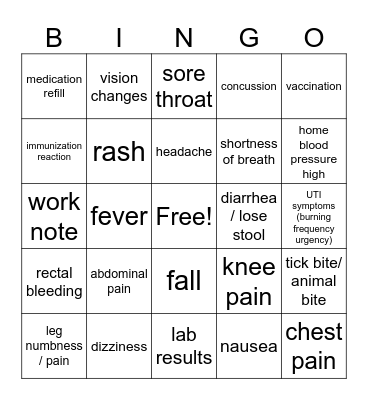 Primary Care Bingo Card