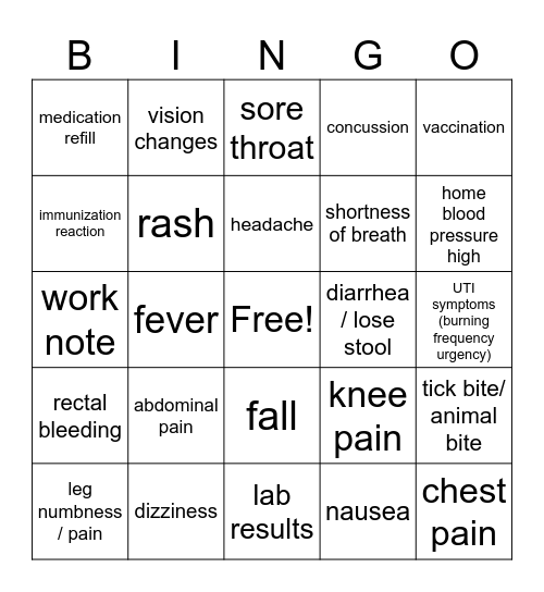 Primary Care Bingo Card