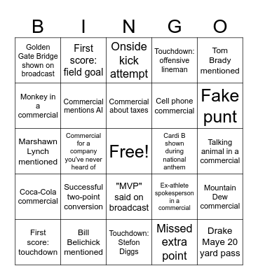 Super Bowl LX Bingo Card