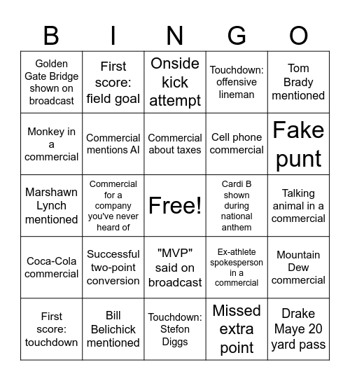 Super Bowl LX Bingo Card