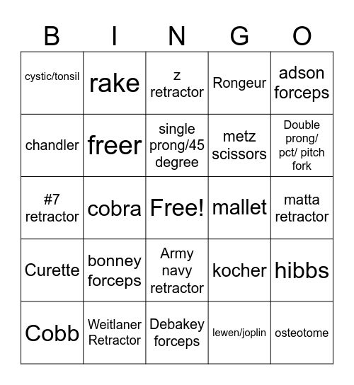 orthopedic instruments Bingo Card