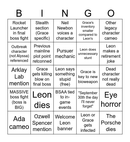 RE9 Bingo Card