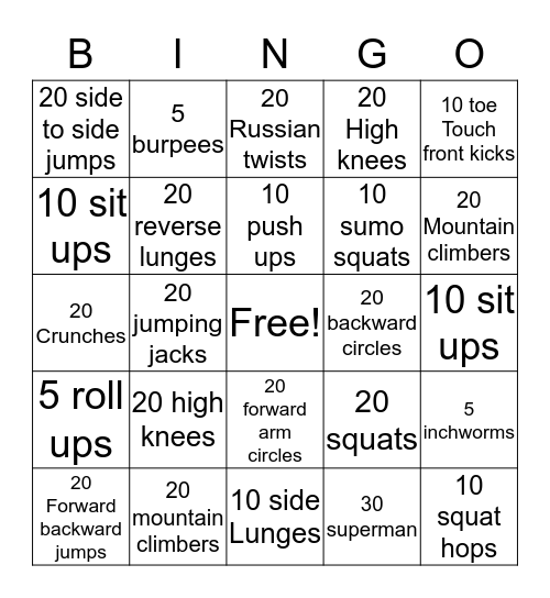 Workout Bingo! Bingo Card