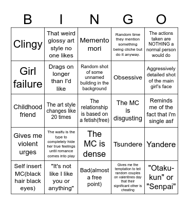 Shitty romcom manga dub bingo Card