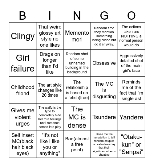 Shitty romcom manga dub bingo Card