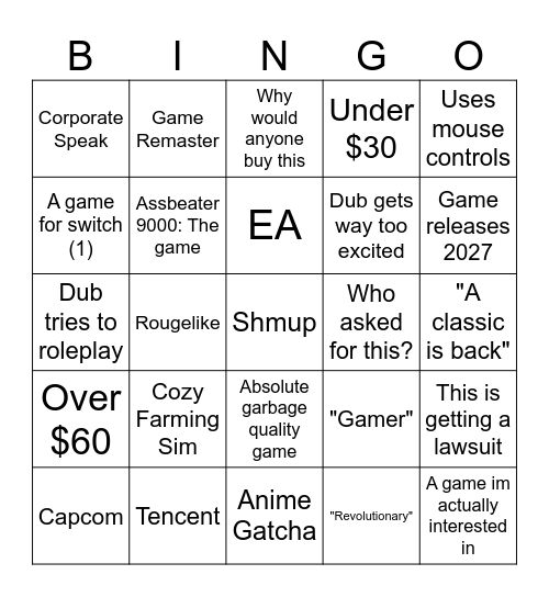 Nintendo Switch Partner Showcase Direct Bingo Card