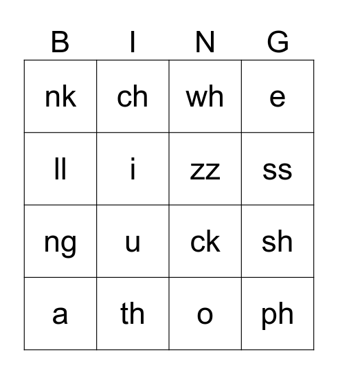 Digraph Bingo Card