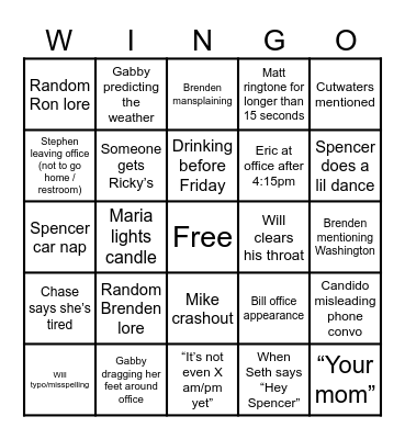 Winkelmann Pit Crew Wingo Bingo Card