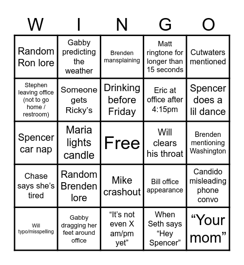Winkelmann Pit Crew Wingo Bingo Card