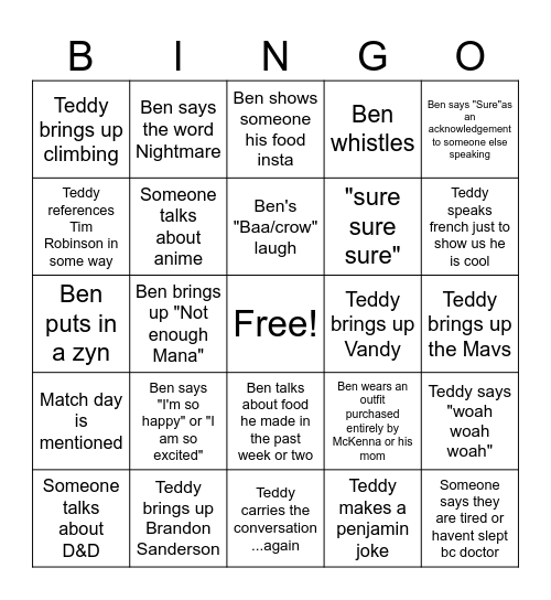 Ben and Teddy Bingo Card