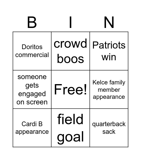 Super Bowl 2026 Bingo Card
