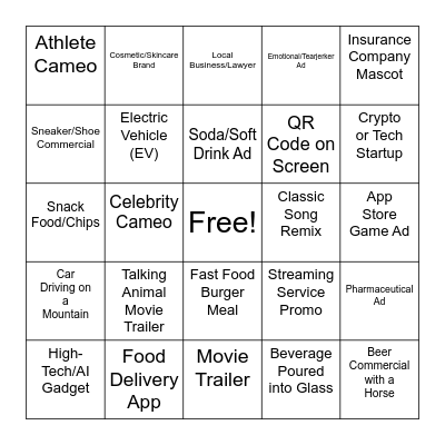 Super Bowl Commercial Bingo Card