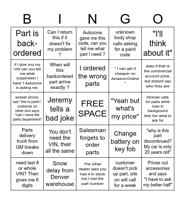 PARTS DEPARTMENT BINGO Card