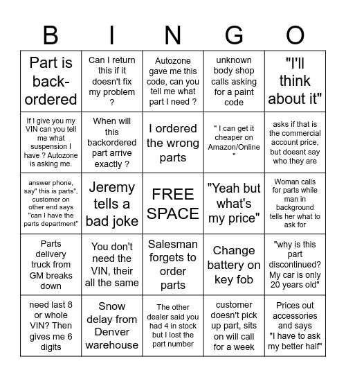 PARTS DEPARTMENT BINGO Card