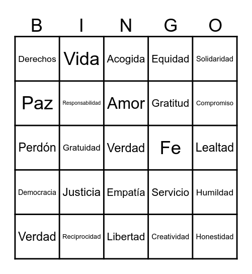 Valores humanos Bingo Card