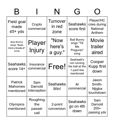 Seahawks Card Bingo Card