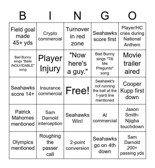 Seahawks Card Bingo Card