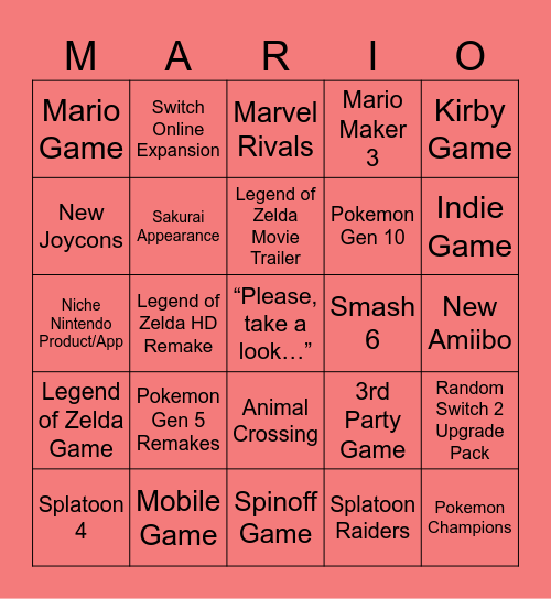 Nintendo Direct Bingo Card